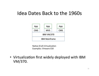 Idea	
  Dates	
  Back	
  to	
  the	
  1960s	
  
•  Virtualiza+on	
  ﬁrst	
  widely	
  deployed	
  with	
  IBM	
  
VM/370.	
  
15	
  
IBM	
  Mainframe	
  
IBM	
  VM/370	
  
CMS	
  
App	
  
Na+ve	
  (Full)	
  Virtualiza+on	
  
Examples:	
  Vmware	
  ESX	
  
MVS	
  
App	
  
CMS	
  
App	
  
 