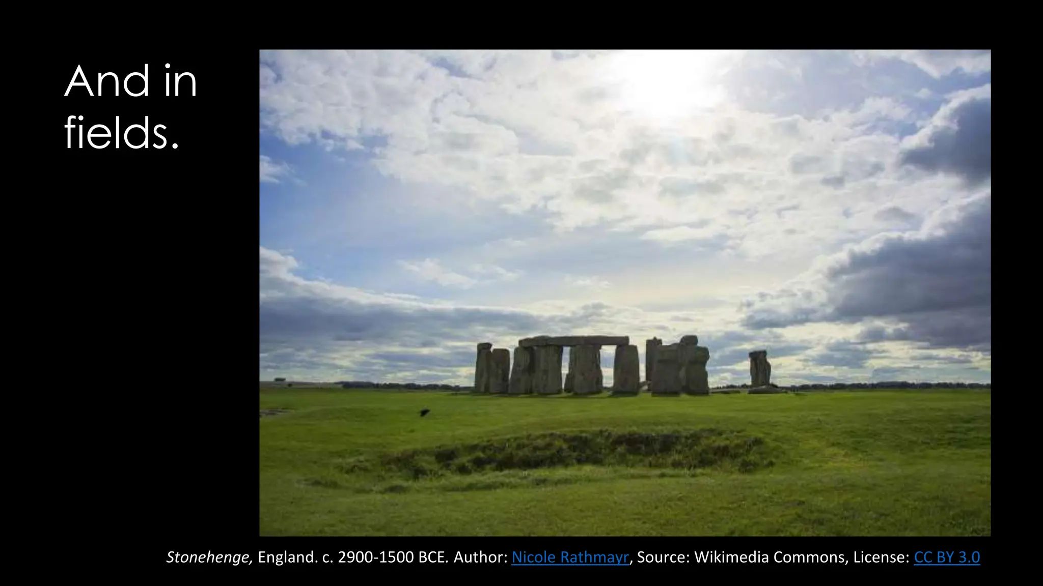 And in
fields.
Stonehenge, England. c. 2900-1500 BCE. Author: Nicole Rathmayr, Source: Wikimedia Commons, License: CC BY 3.0
 