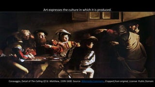 Art expresses the culture in which it is produced.
Caravaggio, Detail of The Calling Of St. Matthew, 1599-1600. Source: Wikimedia Commons, Cropped from original, License: Public Domain
 
