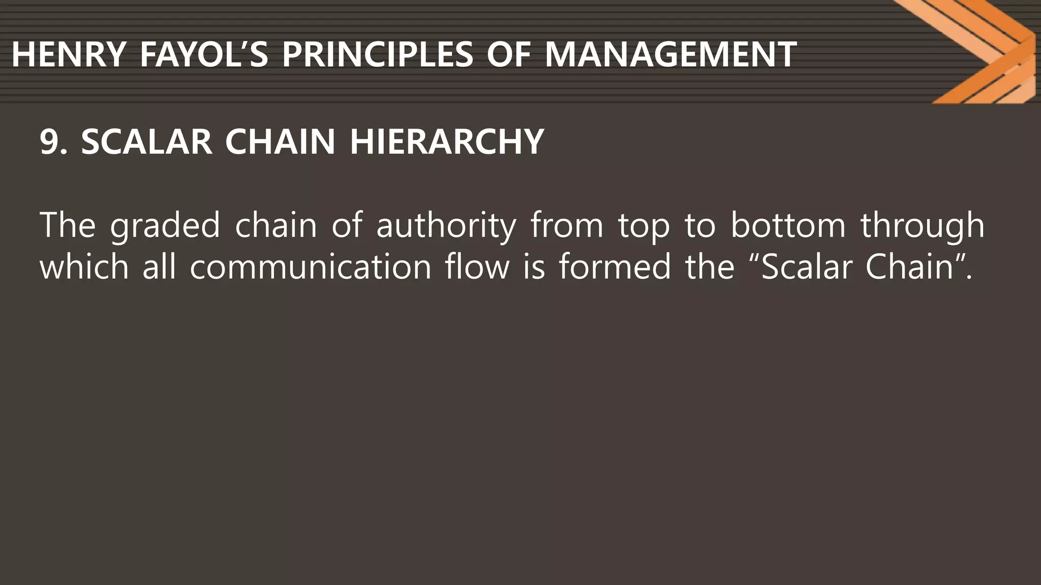 HENRY FAYOL’S PRINCIPLES OF MANAGEMENT
9. SCALAR CHAIN HIERARCHY
The graded chain of authority from top to bottom through
which all communication flow is formed the “Scalar Chain”.
 