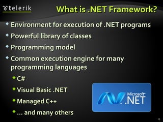 What is .NET Framework?What is .NET Framework?
 Environment for execution of .NET programsEnvironment for execution of .NET programs
 Powerful library of classesPowerful library of classes
 Programming modelProgramming model
 Common execution engine for manyCommon execution engine for many
programming languagesprogramming languages
C#C#
Visual Basic .NETVisual Basic .NET
Managed C++Managed C++
... and many others... and many others
15
 