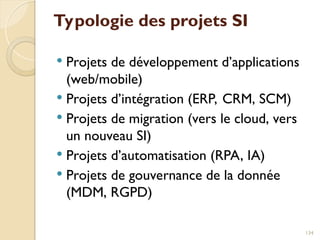 Typologie des projets SI
 Projets de développement d’applications
(web/mobile)
 Projets d’intégration (ERP, CRM, SCM)
 Projets de migration (vers le cloud, vers
un nouveau SI)
 Projets d’automatisation (RPA, IA)
 Projets de gouvernance de la donnée
(MDM, RGPD)
134
 