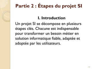 Partie 2 : Étapes du projet SI
I. Introduction
Un projet SI se décompose en plusieurs
étapes clés. Chacune est indispensable
pour transformer un besoin métier en
solution informatique fiable, adaptée et
adoptée par les utilisateurs.
142
 