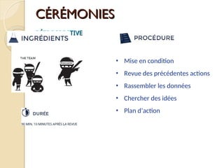 CÉRÉMONIES
CÉRÉMONIES
RÉTROSPECTIVE
RÉTROSPECTIVE
• Mise en condition
• Revue des précédentes actions
• Rassembler les données
• Chercher des idées
• Plan d’action
 