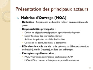 Présentation des principaux acteurs
1. Maîtrise d’Ouvrage (MOA)
◦ Définition : Représente les besoins métier, commanditaire du
projet.
◦ Responsabilités principales :
 Définir les objectifs stratégiques et opérationnels du projet
 Établir le cahier des charges fonctionnel
 Arbitrer les priorités et valider les livrables
 Contrôler les coûts, les délais, la conformité
◦ Rôle dans le cycle de vie : très présent au début (expression
de besoin), en fin (recette), et lors des arbitrages
◦ Exemples supplémentaires :
 MOA = Direction commerciale souhaitant un CRM
 MOA = Direction des achats pour un portail fournisseurs
207
 