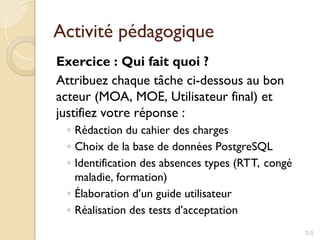 Activité pédagogique
Exercice : Qui fait quoi ?
Attribuez chaque tâche ci-dessous au bon
acteur (MOA, MOE, Utilisateur final) et
justifiez votre réponse :
◦ Rédaction du cahier des charges
◦ Choix de la base de données PostgreSQL
◦ Identification des absences types (RTT, congé
maladie, formation)
◦ Élaboration d’un guide utilisateur
◦ Réalisation des tests d’acceptation
215
 