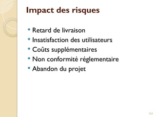 Impact des risques
 Retard de livraison
 Insatisfaction des utilisateurs
 Coûts supplémentaires
 Non conformité réglementaire
 Abandon du projet
224
 