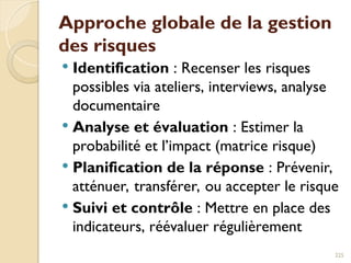 Approche globale de la gestion
des risques
 Identification : Recenser les risques
possibles via ateliers, interviews, analyse
documentaire
 Analyse et évaluation : Estimer la
probabilité et l’impact (matrice risque)
 Planification de la réponse : Prévenir,
atténuer, transférer, ou accepter le risque
 Suivi et contrôle : Mettre en place des
indicateurs, réévaluer régulièrement
225
 