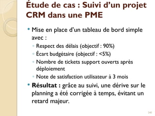 Étude de cas : Suivi d’un projet
CRM dans une PME
 Mise en place d’un tableau de bord simple
avec :
◦ Respect des délais (objectif : 90%)
◦ Écart budgétaire (objectif : <5%)
◦ Nombre de tickets support ouverts après
déploiement
◦ Note de satisfaction utilisateur à 3 mois
 Résultat : grâce au suivi, une dérive sur le
planning a été corrigée à temps, évitant un
retard majeur.
240
 