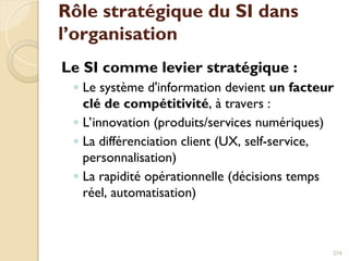 Rôle stratégique du SI dans
l’organisation
Le SI comme levier stratégique :
◦ Le système d'information devient un facteur
clé de compétitivité, à travers :
◦ L’innovation (produits/services numériques)
◦ La différenciation client (UX, self-service,
personnalisation)
◦ La rapidité opérationnelle (décisions temps
réel, automatisation)
274
 