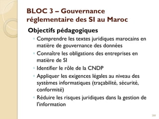 BLOC 3 – Gouvernance
réglementaire des SI au Maroc
Objectifs pédagogiques
◦ Comprendre les textes juridiques marocains en
matière de gouvernance des données
◦ Connaître les obligations des entreprises en
matière de SI
◦ Identifier le rôle de la CNDP
◦ Appliquer les exigences légales au niveau des
systèmes informatiques (traçabilité, sécurité,
conformité)
◦ Réduire les risques juridiques dans la gestion de
l'information
288
 