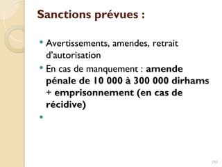 Sanctions prévues :
 Avertissements, amendes, retrait
d’autorisation
 En cas de manquement : amende
pénale de 10 000 à 300 000 dirhams
+ emprisonnement (en cas de
récidive)

293
 