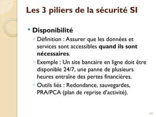 Les 3 piliers de la sécurité SI
 Disponibilité
◦ Définition : Assurer que les données et
services sont accessibles quand ils sont
nécessaires.
◦ Exemple : Un site bancaire en ligne doit être
disponible 24/7, une panne de plusieurs
heures entraîne des pertes financières.
◦ Outils liés : Redondance, sauvegardes,
PRA/PCA (plan de reprise d’activité).
308
 