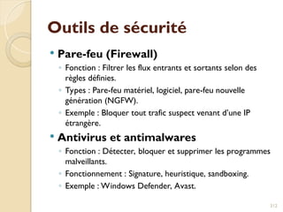 Outils de sécurité
 Pare-feu (Firewall)
◦ Fonction : Filtrer les flux entrants et sortants selon des
règles définies.
◦ Types : Pare-feu matériel, logiciel, pare-feu nouvelle
génération (NGFW).
◦ Exemple : Bloquer tout trafic suspect venant d’une IP
étrangère.
 Antivirus et antimalwares
◦ Fonction : Détecter, bloquer et supprimer les programmes
malveillants.
◦ Fonctionnement : Signature, heuristique, sandboxing.
◦ Exemple : Windows Defender, Avast.
312
 
