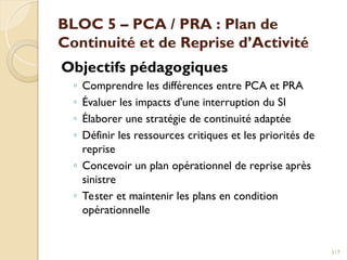 BLOC 5 – PCA / PRA : Plan de
Continuité et de Reprise d’Activité
Objectifs pédagogiques
◦ Comprendre les différences entre PCA et PRA
◦ Évaluer les impacts d'une interruption du SI
◦ Élaborer une stratégie de continuité adaptée
◦ Définir les ressources critiques et les priorités de
reprise
◦ Concevoir un plan opérationnel de reprise après
sinistre
◦ Tester et maintenir les plans en condition
opérationnelle
317
 