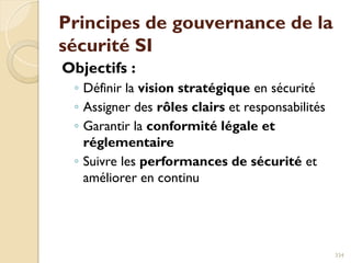 Principes de gouvernance de la
sécurité SI
Objectifs :
◦ Définir la vision stratégique en sécurité
◦ Assigner des rôles clairs et responsabilités
◦ Garantir la conformité légale et
réglementaire
◦ Suivre les performances de sécurité et
améliorer en continu
334
 