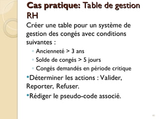 Cas pratique:
Cas pratique: Table de gestion
Table de gestion
RH
RH
Créer une table pour un système de
gestion des congés avec conditions
suivantes :
◦ Ancienneté > 3 ans
◦ Solde de congés > 5 jours
◦ Congés demandés en période critique
Déterminer les actions : Valider,
Reporter, Refuser.
Rédiger le pseudo-code associé.
41
 
