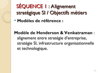SÉQUENCE 1
SÉQUENCE 1 : Alignement
: Alignement
stratégique SI / Objectifs métiers
stratégique SI / Objectifs métiers
 Modèles de référence :
Modèle de Henderson & Venkatraman :
alignement entre stratégie d’entreprise,
stratégie SI, infrastructure organisationnelle
et technologique.
50
 
