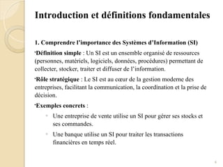 6
Introduction et définitions fondamentales
1. Comprendre l’importance des Systèmes d’Information (SI)

Définition simple : Un SI est un ensemble organisé de ressources
(personnes, matériels, logiciels, données, procédures) permettant de
collecter, stocker, traiter et diffuser de l’information.

Rôle stratégique : Le SI est au cœur de la gestion moderne des
entreprises, facilitant la communication, la coordination et la prise de
décision.

Exemples concrets :
o
Une entreprise de vente utilise un SI pour gérer ses stocks et
ses commandes.
o
Une banque utilise un SI pour traiter les transactions
financières en temps réel.
 