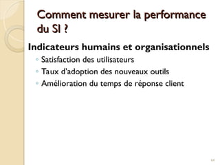 Comment mesurer la performance
Comment mesurer la performance
du SI ?
du SI ?
Indicateurs humains et organisationnels
◦ Satisfaction des utilisateurs
◦ Taux d’adoption des nouveaux outils
◦ Amélioration du temps de réponse client
64
 