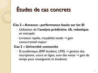 Études de cas concrets
Études de cas concrets
Cas 2 – Amazon : performance basée sur les SI
◦ Utilisation de l’analyse prédictive, IA, robotique
en entrepôt
◦ Livraison rapide, traçabilité totale gain
→
concurrentiel majeur
Cas 3 – Université connectée
◦ SI académique (ERP étudiant, LMS) gestion des
→
inscriptions, cours en ligne, suivi des notes gain de
→
temps pour enseignants et étudiants
67
 