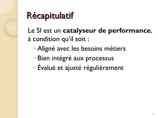 Récapitulatif
Récapitulatif
Le SI est un catalyseur de performance,
à condition qu’il soit :
◦ Aligné avec les besoins métiers
◦ Bien intégré aux processus
◦ Évalué et ajusté régulièrement
70
 