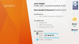 Speaker
Julien CHABLE
Société : NCIT – Consultant SharePoint & .NET
Most Valuable Professional SharePoint Server
Certifica...