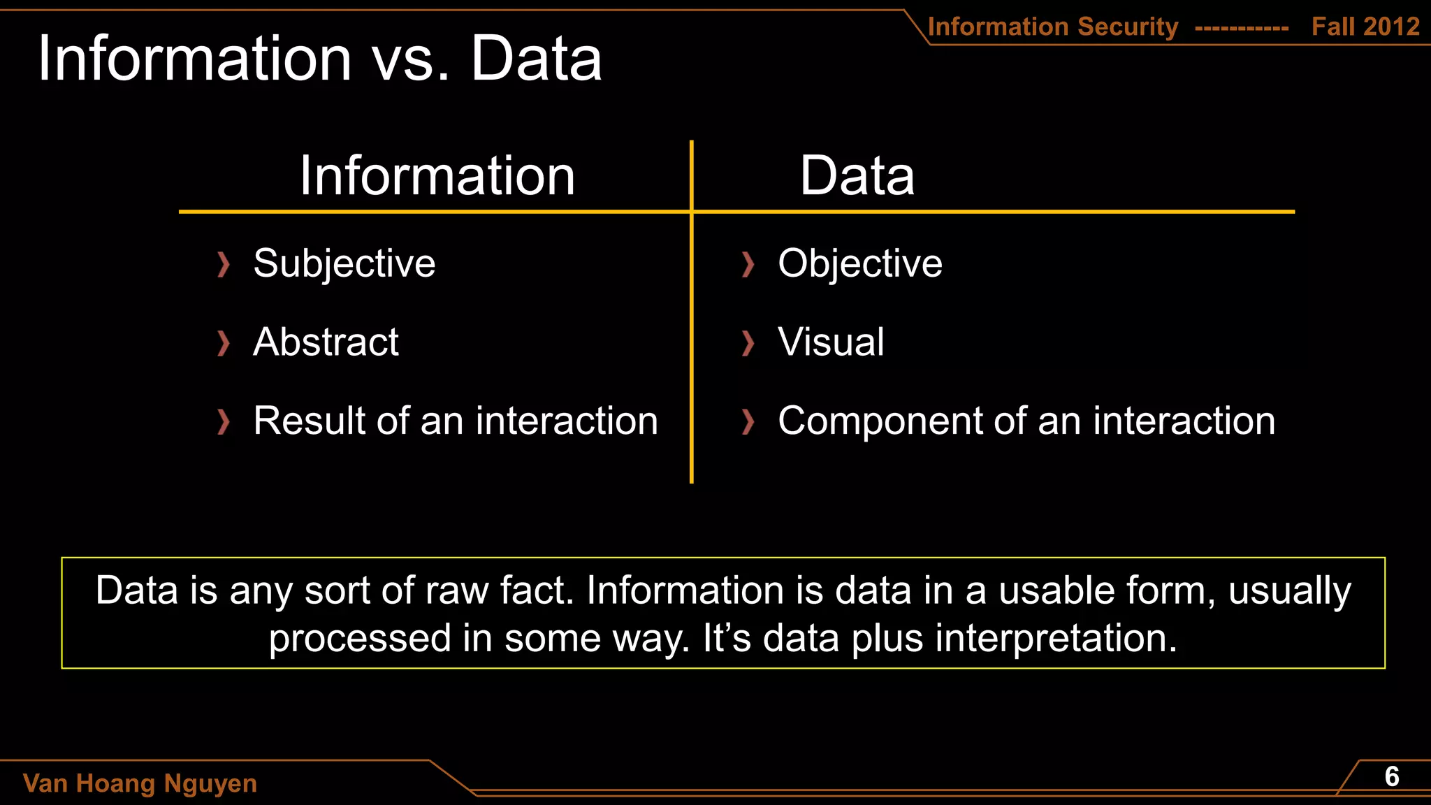 Information Security ----------- Fall 2012




    Data is any sort of raw fact. Information is data in a usable form, usually
              processed in some way. It’s data plus interpretation.


Van Hoang Nguyen
 