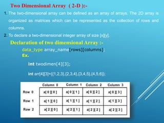 Two Dimensional Array ( 2-D ):-
1. The two-dimensional array can be defined as an array of arrays. The 2D array is
organized as matrices which can be represented as the collection of rows and
columns.
2. To declare a two-dimensional integer array of size [x][y].
Declaration of two dimensional Array :-
data_type array_name[rows][columns];
Ex.
int twodimen[4][3];
int arr[4][3]={{1,2,3},{2,3,4},{3,4,5},{4,5,6}};
 