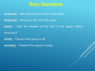 Basic Operations
enqueue() − add (store/insert) an item to the queue.
dequeue() − remove an item from the queue.
peek() − Gets the element at the front of the queue without
removing it.
isfull() − Checks if the queue is full.
isempty() − Checks if the queue is empty.
 