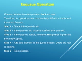 Enqueue Operation
Queues maintain two data pointers, front and rear.
Therefore, its operations are comparatively difficult to implement
than that of stacks.
Step 1 − Check if the queue is full.
Step 2 − If the queue is full, produce overflow error and exit.
Step 3 − If the queue is not full, increment rear pointer to point the
next empty space.
Step 4 − Add data element to the queue location, where the rear
is pointing.
Step 5 − return success.
 