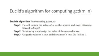 Euclid’s algorithm for computing gcd(m, n)
 