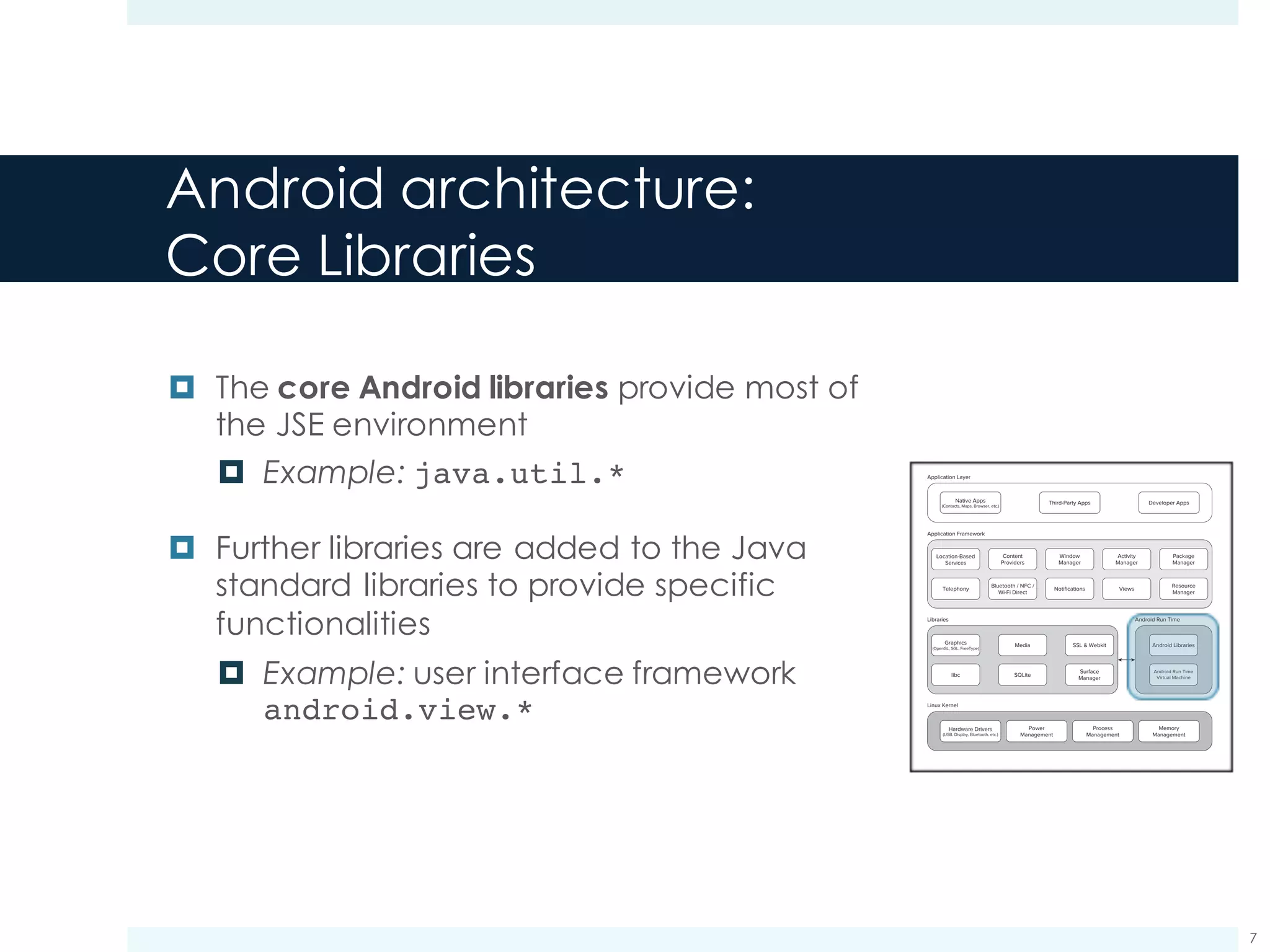 Android architecture:
Android Run Time
¤ Android runtime pros:
¤ ART creates an abstraction layer that
ensures developers not to worry about
specific HW implementations
¤ ART is designed so that multiple
instances run efficiently on a single
mobile device
Meier c01.indd V1 - 11/24/2011 Page 16
16 x CHAPTER 1 HELLO, ANDROID
Application Layer
Application Framework
Native Apps
(Contacts, Maps, Browser, etc.)
Graphics
(OpenGL, SGL, FreeType)
Third-Party Apps
Location-Based
Services
Telephony
Bluetooth / NFC /
Wi-Fi Direct
Notifications
Media
libc
SSL & Webkit Android Libraries
Android Run Time
SQLite
Views
Resource
Manager
Surface
Manager
Dalvik
Virtual Machine
Memory
Management
Process
Management
Power
Management
Hardware Drivers
(USB, Display, Bluetooth, etc.)
Content
Providers
Window
Manager
Activity
Manager
Package
Manager
Developer Apps
Libraries
Linux Kernel
FIGURE 1-1
The Dalvik Virtual Machine
One of the key elements of Android is the Dalvik VM. Rather than using a traditional Java VM such
as Java ME, Android uses its own custom VM designed to ensure that multiple instances run efﬁ-
ciently on a single device.
The Dalvik VM uses the device’s underlying Linux kernel to handle low-level functionality, includ-
ing security, threading, and process and memory management. It’s also possible to write C/C++
applications that run closer to the underlying Linux OS. Although you can do this, in most cases
there’s no reason you should need to.
If the speed and efﬁciency of C/C++ is required for your application, Android provides a native
development kit (NDK). The NDK is designed to enable you to create C++ libraries using the libc
and libm libraries, along with native access to OpenGL.
c01.indd 16c01.indd 16 4/11/2012 10:03:27 A4/11/2012 10:03:27 A
www.it-ebooks.info
7
 