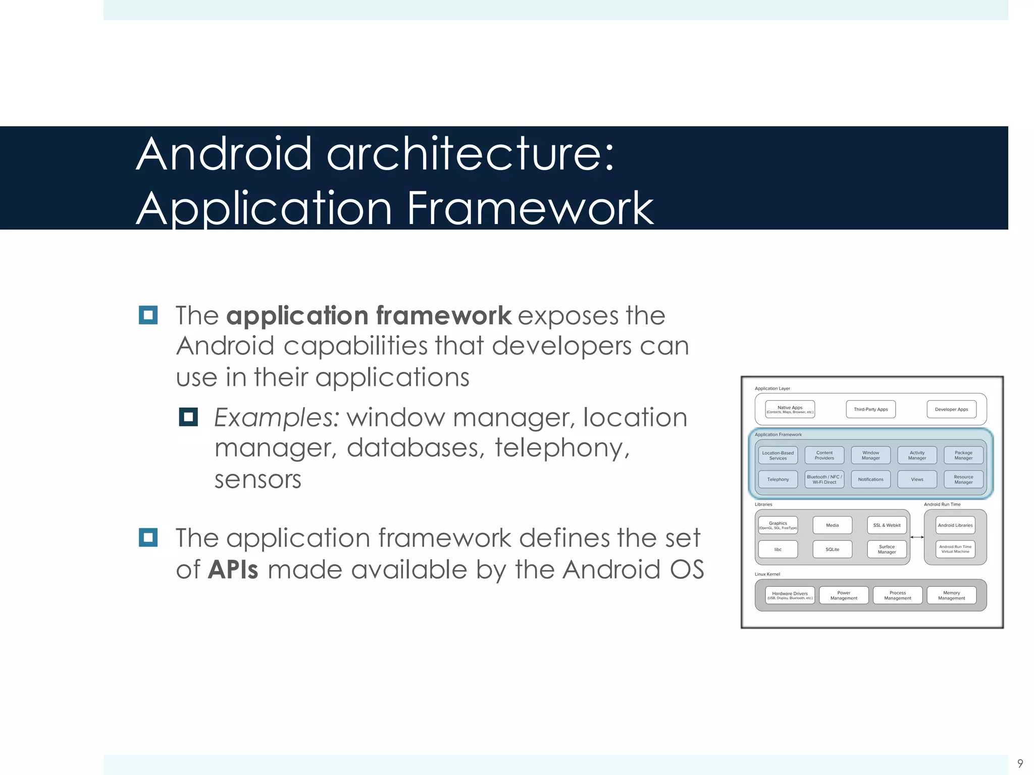 Android architecture:
Libraries
¤ The libraries contain all the code (C/C++
libraries) that provides the main features of
the Android OS
¤ Examples: WebKit, SSL, OpenGL
¤ The libraries are all internal
implementations of Android
¤ They are not directly exposed to the
published Android API
¤ The application framework layer
accesses these libraries through the ART
VM
Meier c01.indd V1 - 11/24/2011 Page 16
16 x CHAPTER 1 HELLO, ANDROID
Application Layer
Application Framework
Native Apps
(Contacts, Maps, Browser, etc.)
Graphics
(OpenGL, SGL, FreeType)
Third-Party Apps
Location-Based
Services
Telephony
Bluetooth / NFC /
Wi-Fi Direct
Notifications
Media
libc
SSL & Webkit Android Libraries
Android Run Time
SQLite
Views
Resource
Manager
Surface
Manager
Dalvik
Virtual Machine
Memory
Management
Process
Management
Power
Management
Hardware Drivers
(USB, Display, Bluetooth, etc.)
Content
Providers
Window
Manager
Activity
Manager
Package
Manager
Developer Apps
Libraries
Linux Kernel
FIGURE 1-1
The Dalvik Virtual Machine
One of the key elements of Android is the Dalvik VM. Rather than using a traditional Java VM such
as Java ME, Android uses its own custom VM designed to ensure that multiple instances run efﬁ-
ciently on a single device.
The Dalvik VM uses the device’s underlying Linux kernel to handle low-level functionality, includ-
ing security, threading, and process and memory management. It’s also possible to write C/C++
applications that run closer to the underlying Linux OS. Although you can do this, in most cases
there’s no reason you should need to.
If the speed and efﬁciency of C/C++ is required for your application, Android provides a native
development kit (NDK). The NDK is designed to enable you to create C++ libraries using the libc
and libm libraries, along with native access to OpenGL.
c01.indd 16c01.indd 16 4/11/2012 10:03:27 A4/11/2012 10:03:27 A
www.it-ebooks.info
9
 