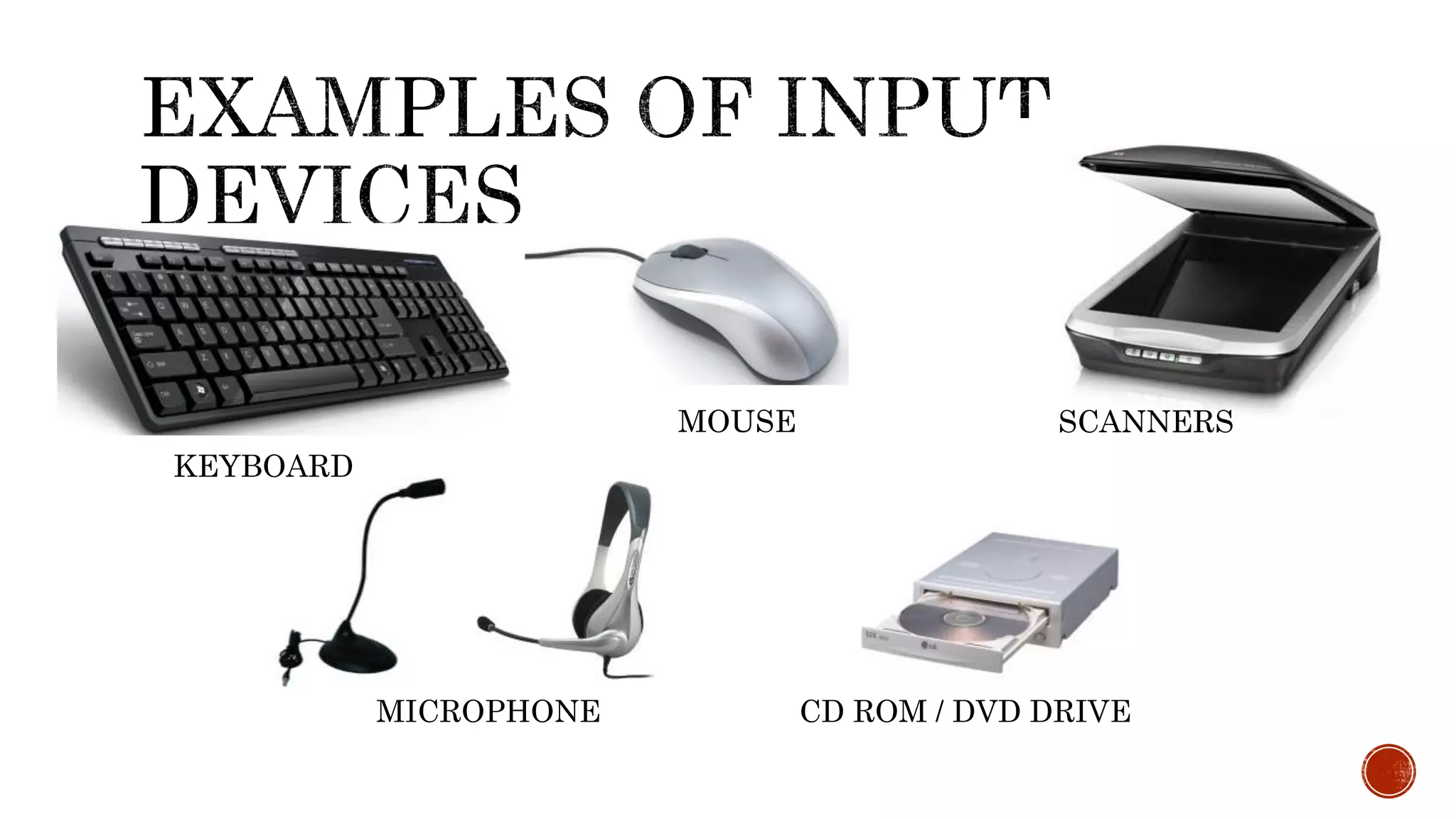 MOUSE
MICROPHONE
SCANNERS
KEYBOARD
CD ROM / DVD DRIVE
 