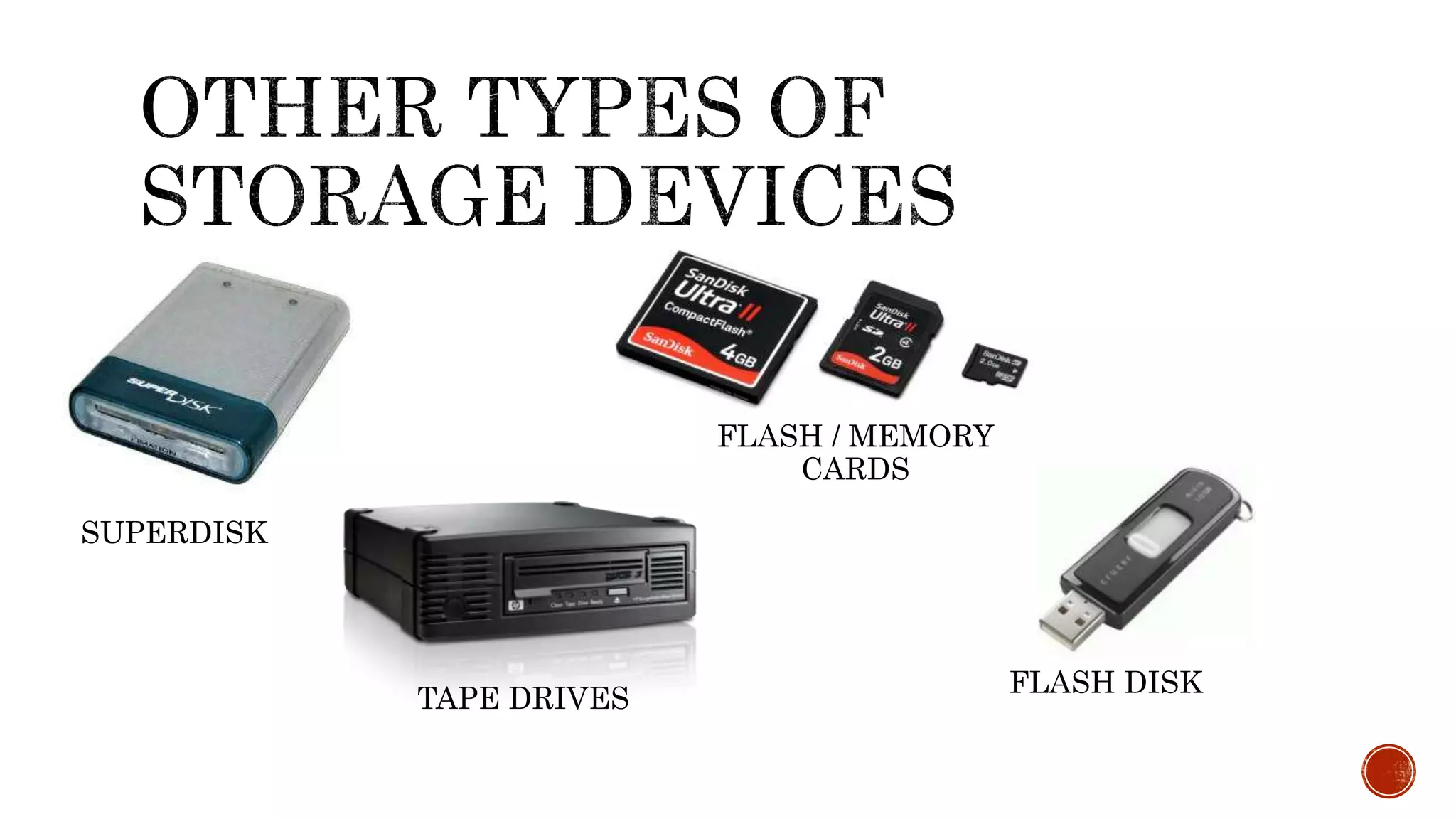 SUPERDISK
TAPE DRIVES
FLASH DISK
FLASH / MEMORY
CARDS
 