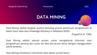 DATA MINING
Pengantar Data Mining Presentation 2022
Data Mining adalah langkah analisis terhadap proses penemuan pengetahu...
