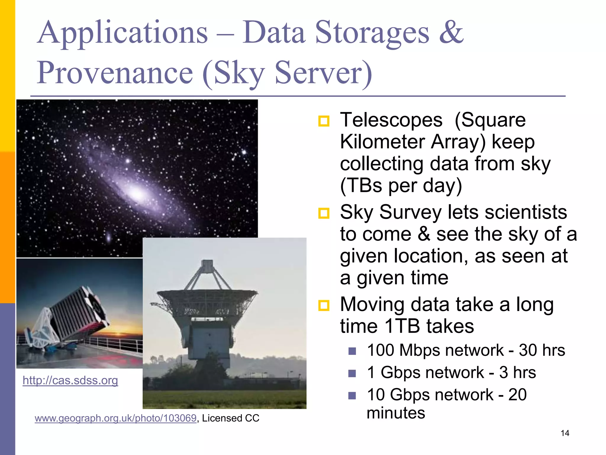 Applications – Data Storages & Provenance (Sky Server)  Telescopes (Square Kilometer Array) keep collecting data from sky (TBs per day)  Sky Survey lets scientists to come & see the sky of a given location, as seen at a given time  Moving data take a long time 1TB takes  100 Mbps network - 30 hrs  1 Gbps network - 3 hrs  10 Gbps network - 20 minuteswww.geograph.org.uk/photo/103069, Licensed CC 14 http://cas.sdss.org 