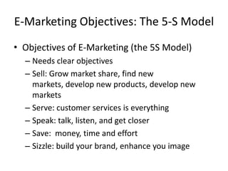 E-Marketing Objectives: The 5-S Model
• Objectives of E-Marketing (the 5S Model)
  – Needs clear objectives
  – Sell: Grow market share, find new
    markets, develop new products, develop new
    markets
  – Serve: customer services is everything
  – Speak: talk, listen, and get closer
  – Save: money, time and effort
  – Sizzle: build your brand, enhance you image
 