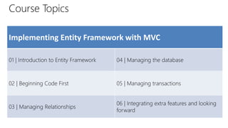 Course Topics
Implementing Entity Framework with MVC
01 | Introduction to Entity Framework 04 | Managing the database
02 | Beginning Code First 05 | Managing transactions
03 | Managing Relationships
06 | Integrating extra features and looking
forward
 