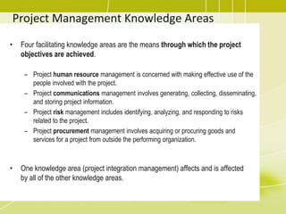 Project Management Knowledge Areas
• Four facilitating knowledge areas are the means through which the project
objectives are achieved.
– Project human resource management is concerned with making effective use of the
people involved with the project.
– Project communications management involves generating, collecting, disseminating,
and storing project information.
– Project risk management includes identifying, analyzing, and responding to risks
related to the project.
– Project procurement management involves acquiring or procuring goods and
services for a project from outside the performing organization.
• One knowledge area (project integration management) affects and is affected
by all of the other knowledge areas.
 