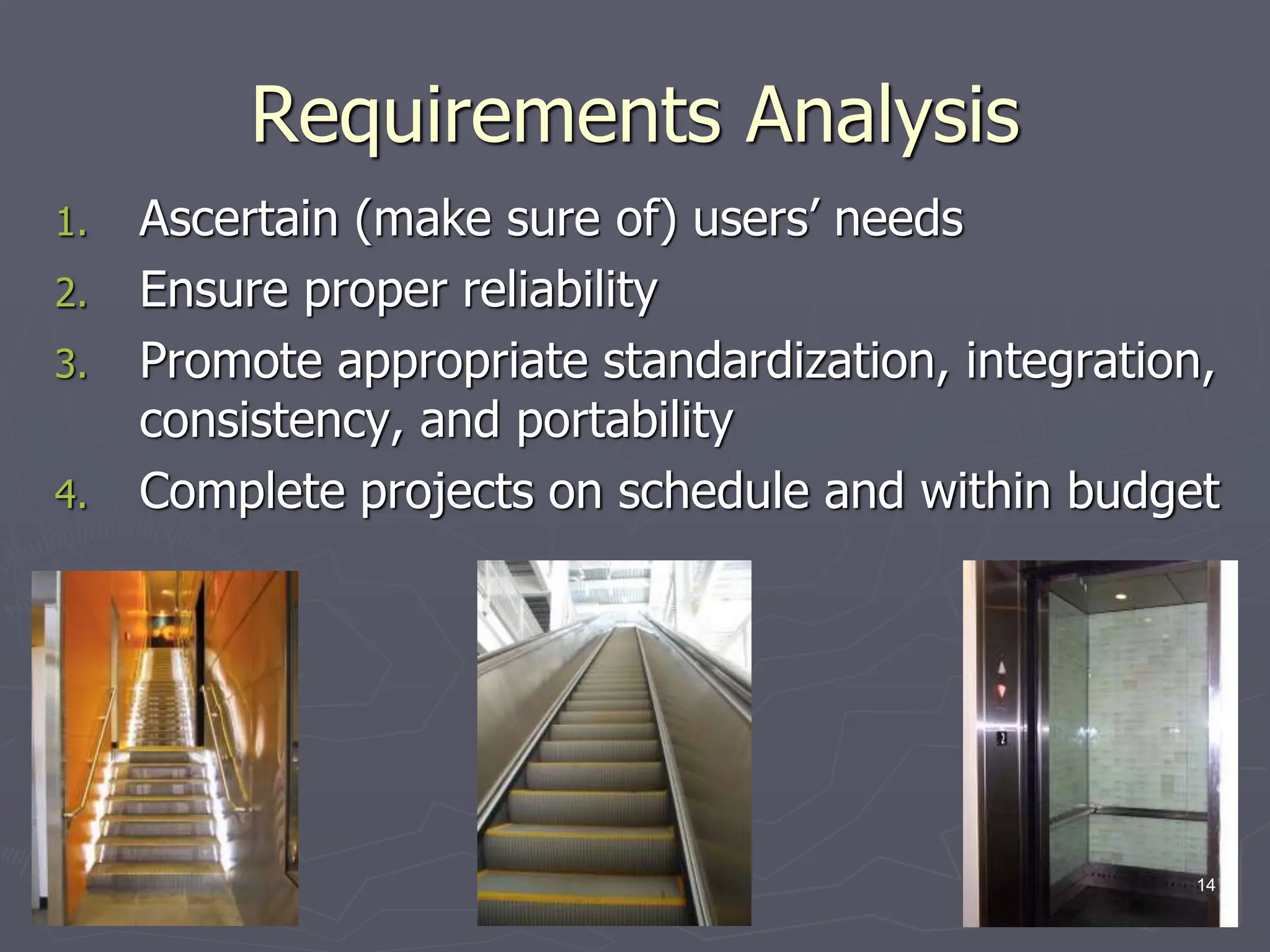Requirements Analysis
1. Ascertain (make sure of) users’ needs
2. Ensure proper reliability
3. Promote appropriate standardization, integration,
consistency, and portability
4. Complete projects on schedule and within budget
14
 