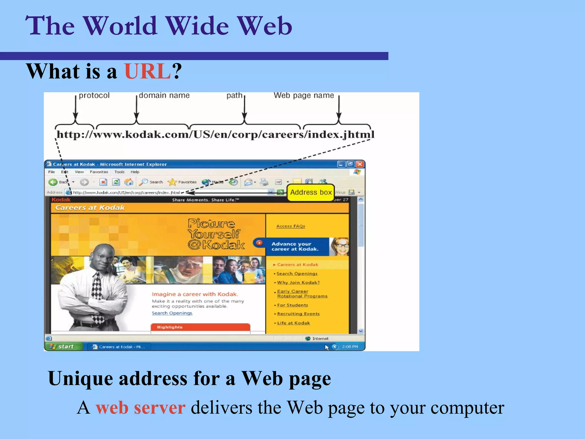 The World Wide Web What is a  URL ? Unique address for a Web page A  web server  delivers the Web page to your computer 