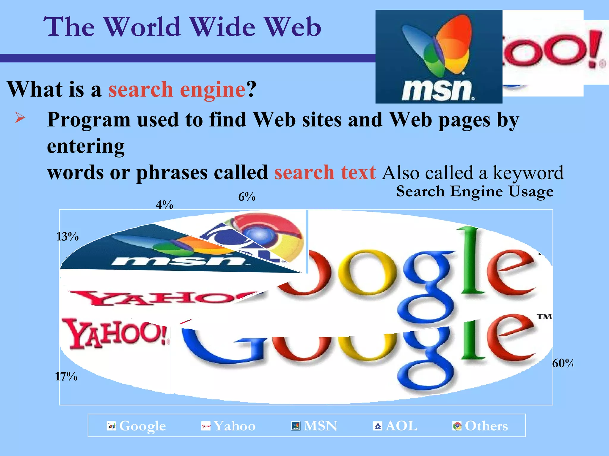 The World Wide Web What is a  search engine ? Program used to find Web sites and Web pages by entering  words or phrases called  search text  Also called a keyword 