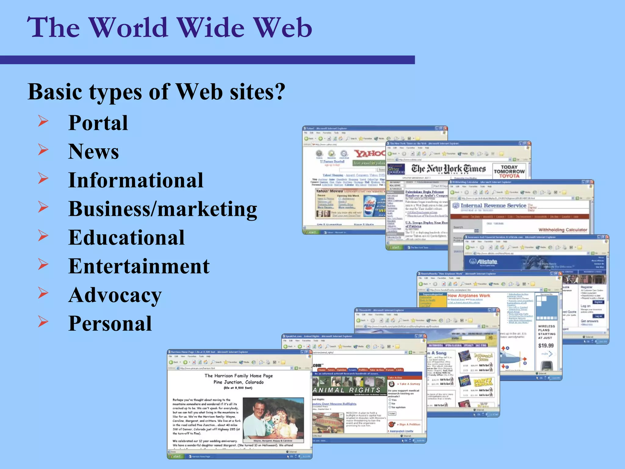 The World Wide Web Basic types of Web sites? Portal News Informational Business/marketing Educational Entertainment Advocacy Personal 