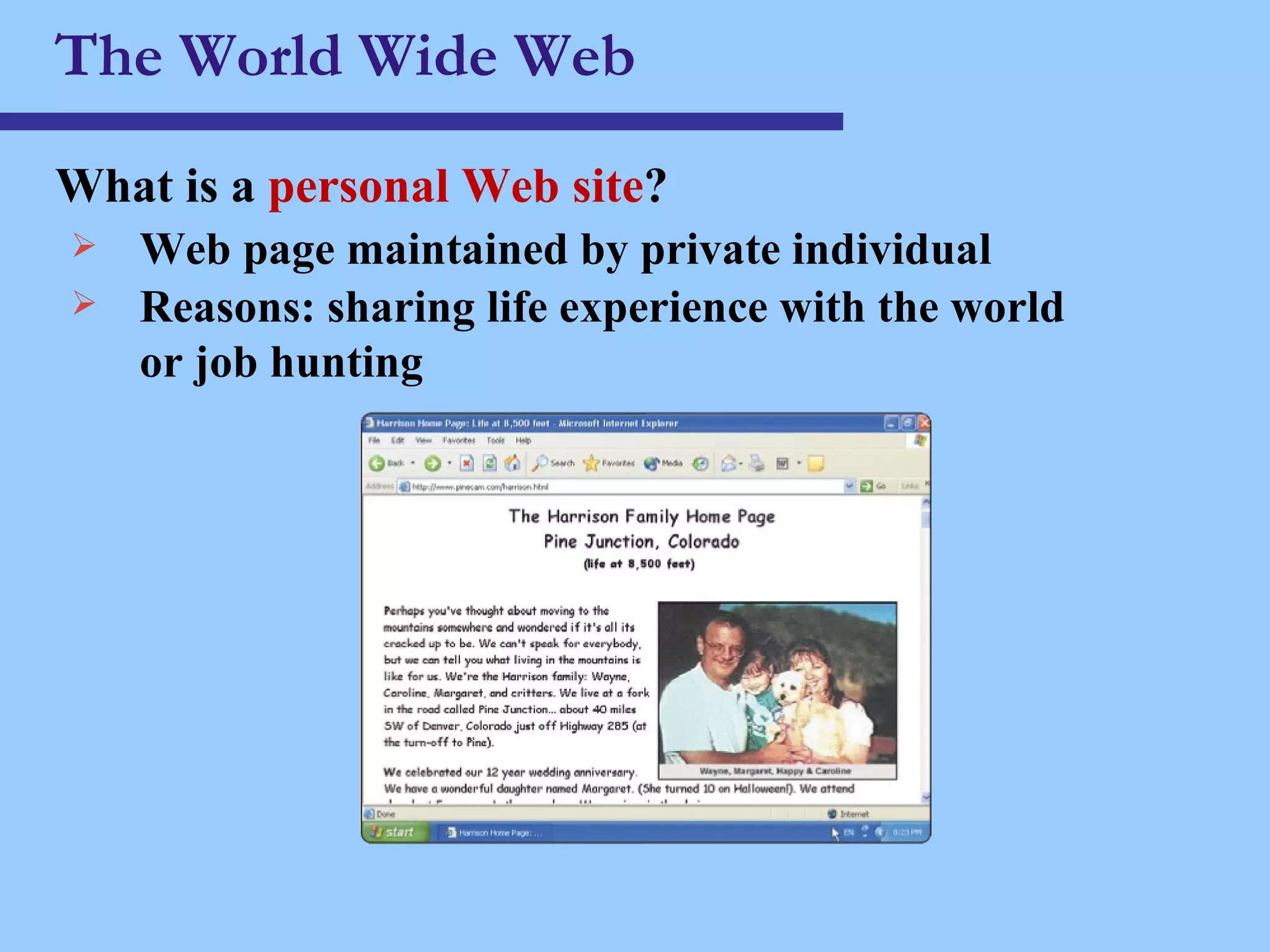 The World Wide Web What is a  personal Web site ? Web page maintained by private individual Reasons: sharing life experience with the world or job hunting 