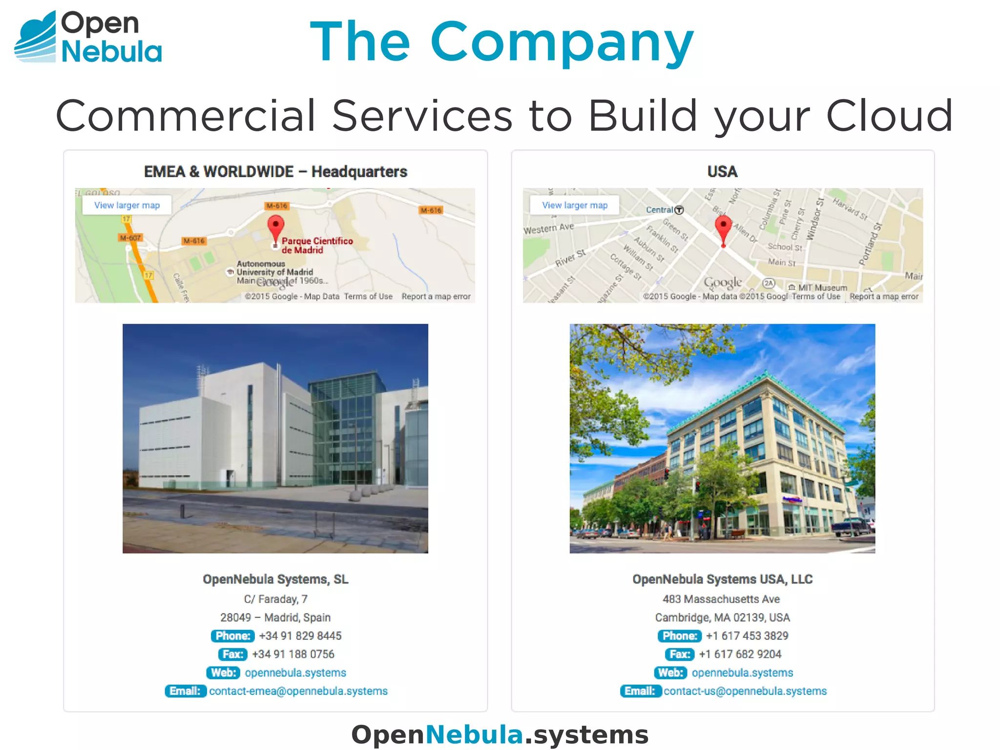 The Company
Commercial Services to Build your Cloud
OpenNebula.systems
 