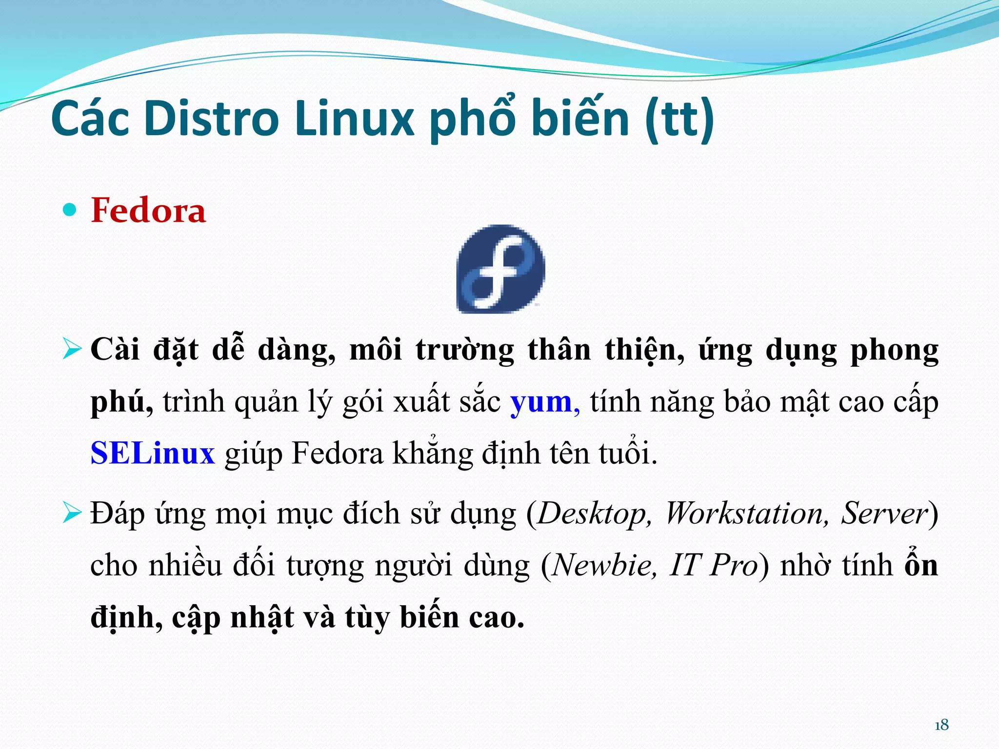 Các Distro Linux phổ biến (tt)  Fedora  Cài đặt dễ dàng, môi trường thân thiện, ứng dụng phong phú, trình quản lý gói xuất sắc yum, tính năng bảo mật cao cấp SELinux giúp Fedora khẳng định tên tuổi.  Đáp ứng mọi mục đích sử dụng (Desktop, Workstation, Server) cho nhiều đối tượng người dùng (Newbie, IT Pro) nhờ tính ổn định, cập nhật và tùy biến cao. 18 