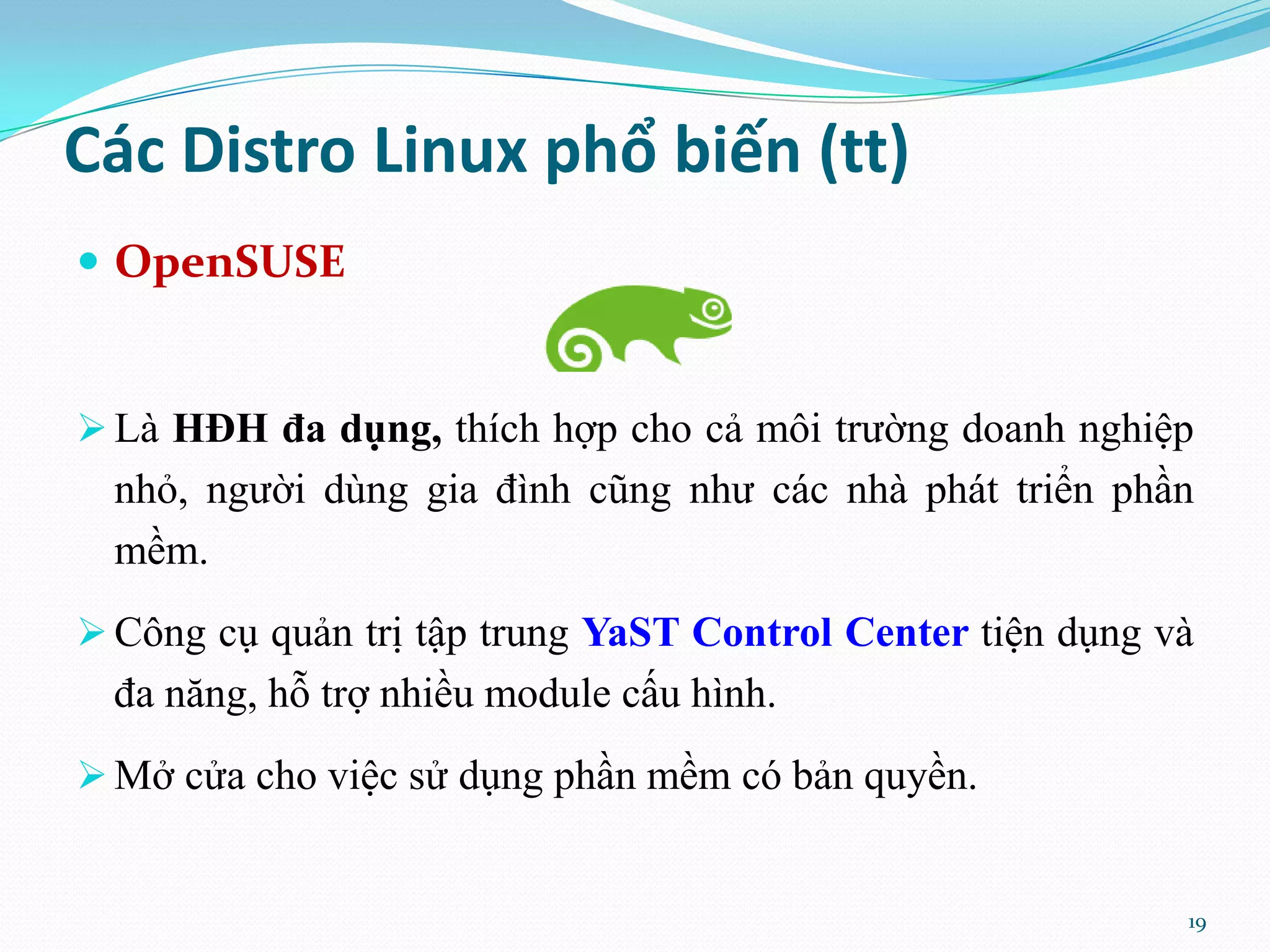 Các Distro Linux phổ biến (tt)  OpenSUSE  Là HĐH đa dụng, thích hợp cho cả môi trường doanh nghiệp nhỏ, người dùng gia đình cũng như các nhà phát triển phần mềm.  Công cụ quản trị tập trung YaST Control Center tiện dụng và đa năng, hỗ trợ nhiều module cấu hình.  Mở cửa cho việc sử dụng phần mềm có bản quyền. 19 
