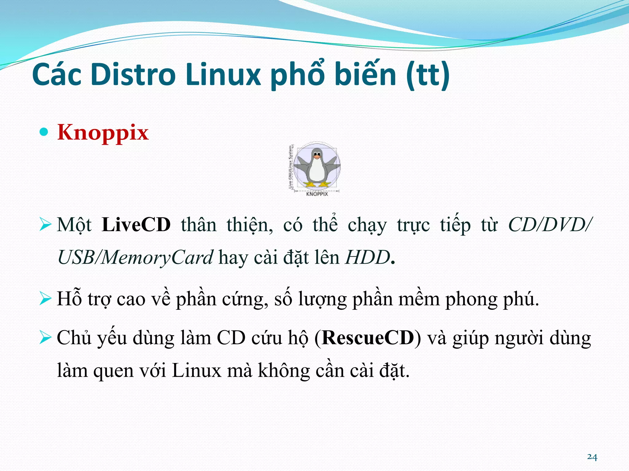 Các Distro Linux phổ biến (tt)  Knoppix  Một LiveCD thân thiện, có thể chạy trực tiếp từ CD/DVD/ USB/MemoryCard hay cài đặt lên HDD.  Hỗ trợ cao về phần cứng, số lượng phần mềm phong phú.  Chủ yếu dùng làm CD cứu hộ (RescueCD) và giúp người dùng làm quen với Linux mà không cần cài đặt. 24 